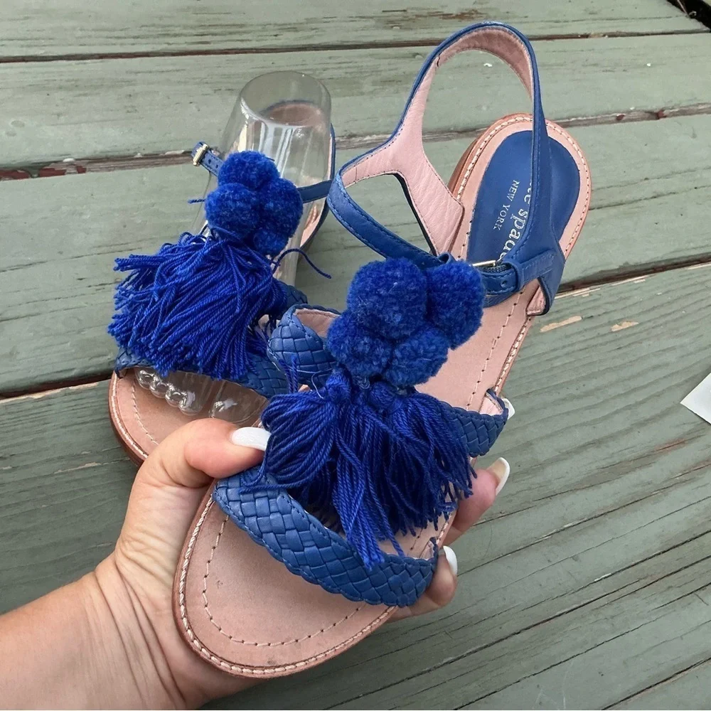 Kate Spade Sunset Sued Blue Tassels Strappy Sandals Size 8
